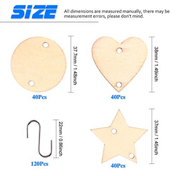 Glarks 240-Pieces 1.5 Inch Wooden Star/Circles/Heart Tags with Hol...