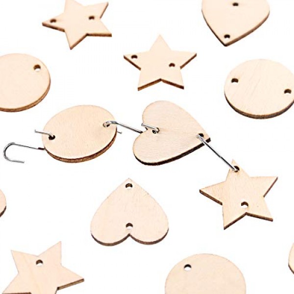 Glarks 240-Pieces 1.5 Inch Wooden Star/Circles/Heart Tags with Hol...