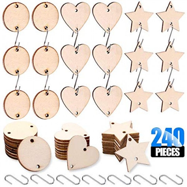 Glarks 240-Pieces 1.5 Inch Wooden Star/Circles/Heart Tags with Hol...