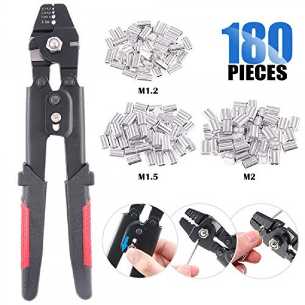 Glarks Up to 2.2mm Wire Rope Crimping Tool Wire Rope Swager Crimper Fishing Crimping Tool with 180Pcs 1.2/1.5/2mm Aluminum Double Barrel Ferrule Crimping Loop Sleeve Kit
