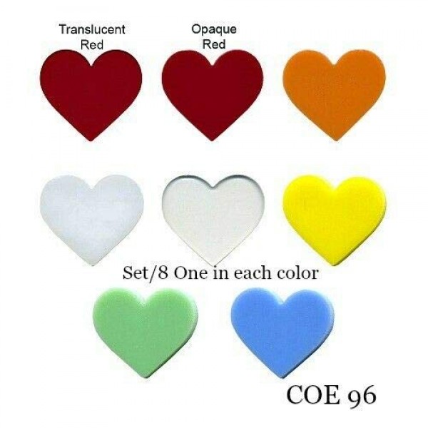 Set /8 COE 96 1 Hearts Fusible Glass Assorted Colors Fusing Supplies