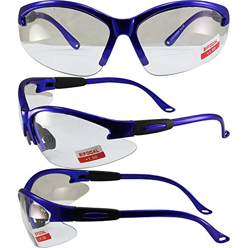 Global Vision Contender Bifocal Safety Glasses Blue Frame Clear +1...