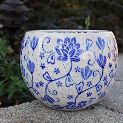 Old World Hand-Pressed Ceramic Blue and White Round planters or Ga...