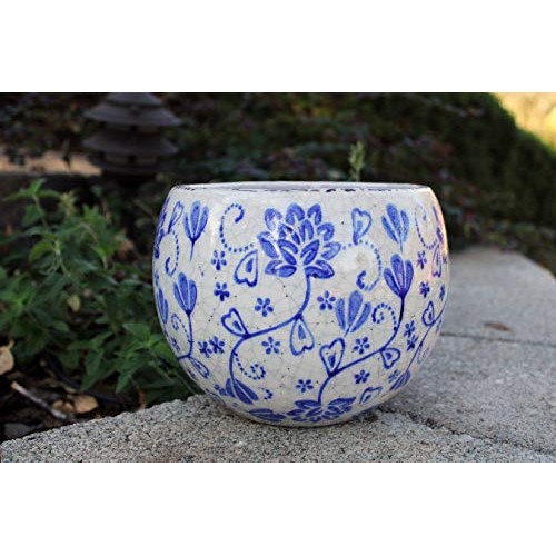 Old World Hand-Pressed Ceramic Blue and White Round planters or Ga...
