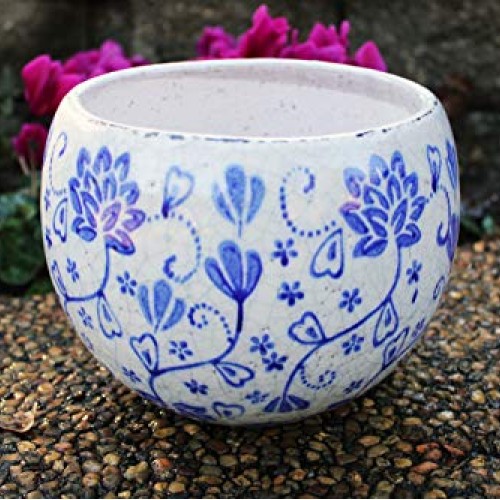 Old World Hand-Pressed Ceramic Blue and White Round planters or Ga...