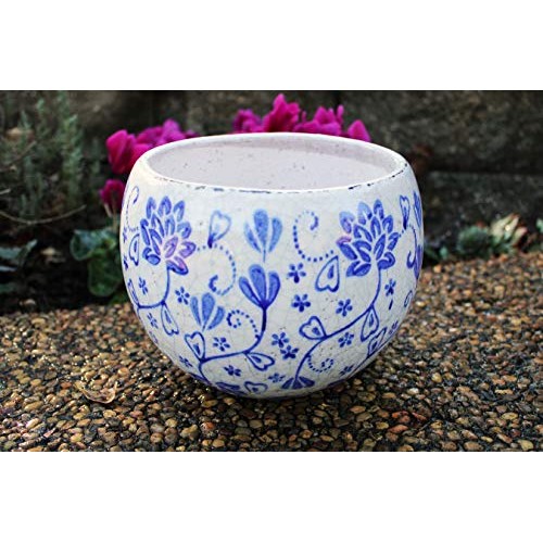 Old World Hand-Pressed Ceramic Blue and White Round planters or Ga...
