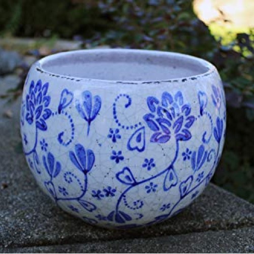 Old World Hand-Pressed Ceramic Blue and White Round planters or Ga...