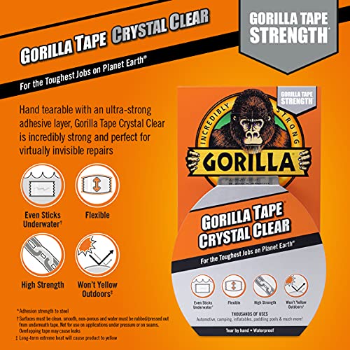 Gorilla Crystal Clear Duct Tape, 1.88” x 9 yd, Clear, Pack of 1 ...