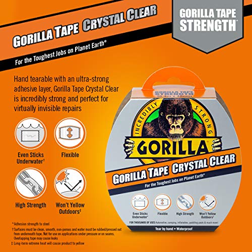 Gorilla Crystal Clear Duct Tape, 1.88” x 9 yd, Clear, Pack of 1 ...
