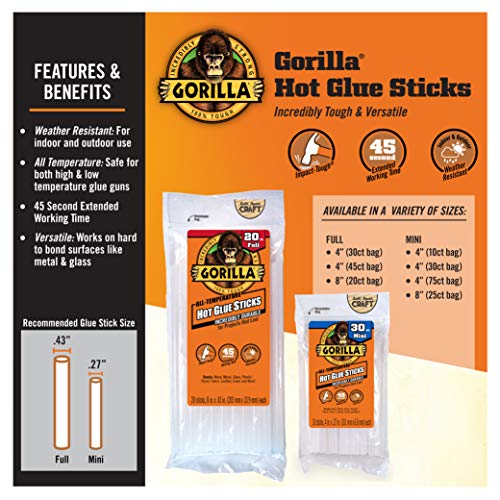 Gorilla Hot Glue Sticks, Full Size, 4 Long x .43 Diameter, 30 Co...