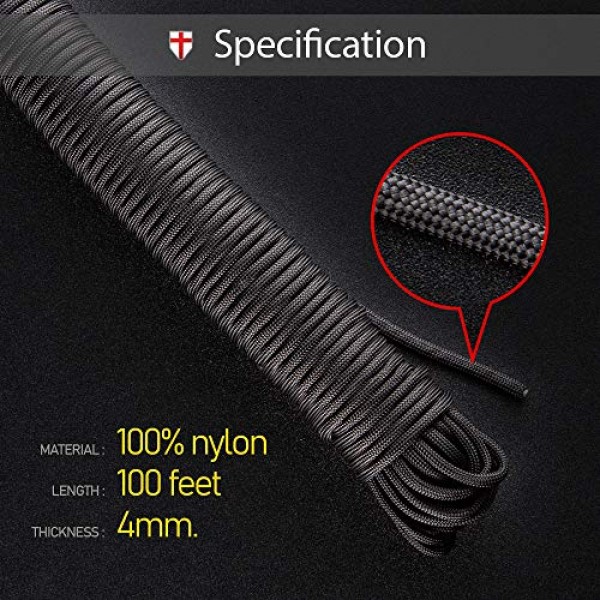 Grand Way Paracord 100 ft - Type III Black Paracord 550-4mm Nylon ...