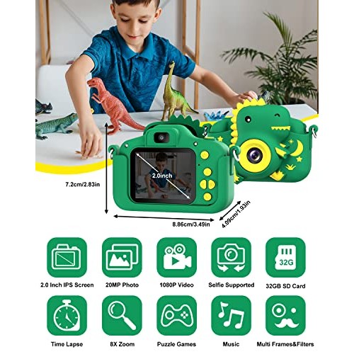 GREENKINDER Dinosaur Kids Camera, Toddler Digital Camera for Ages ...
