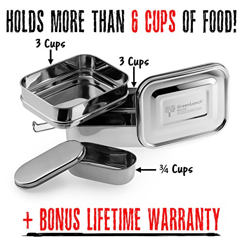 Stainless Steel 3-in-1 Bento Lunch Box with Pod Insert - Holds 6 C...