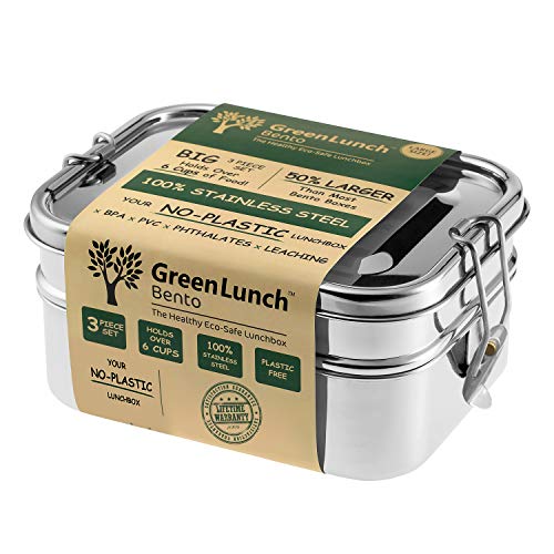 Stainless Steel 3-in-1 Bento Lunch Box with Pod Insert - Holds 6 C...