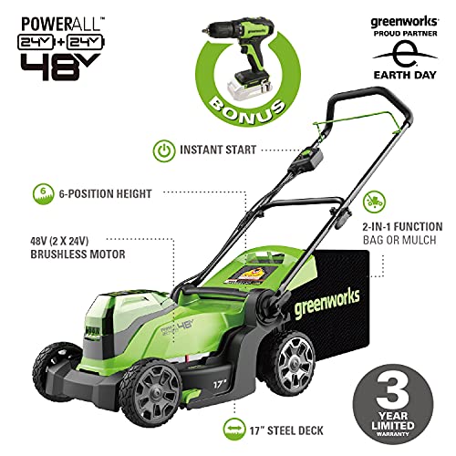 Greenworks 2 x 24V 48V 17 Brushless Lawn Mower, 2 4Ah USB Bat...