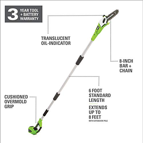 Greenworks 8.5 40V Cordless Pole Saw, 2.0 AH Battery Included 20672