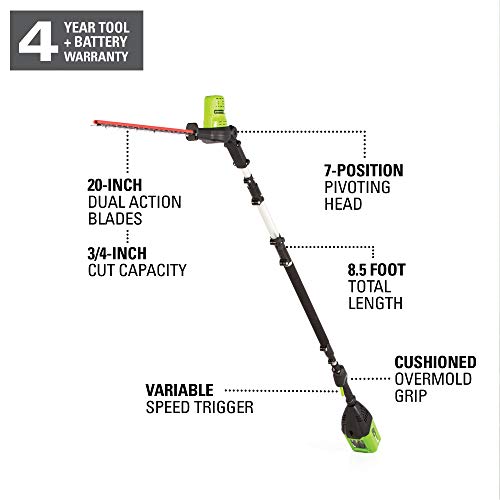 Greenworks PH80B210 20-Inch 80V Cordless Pole Hedge Trimmer, 20 in...