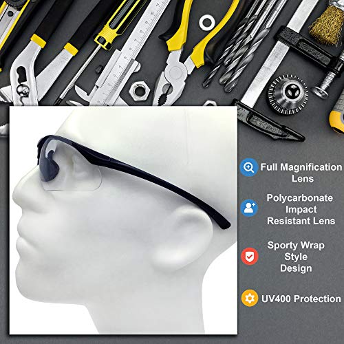 Full Lens Magnification Safety Glasses with Black Frame | Clear Le...