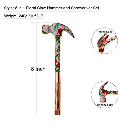 GS Tools 6 In 1 Claw Hammer and Screwdriver Set with Floral Print,...