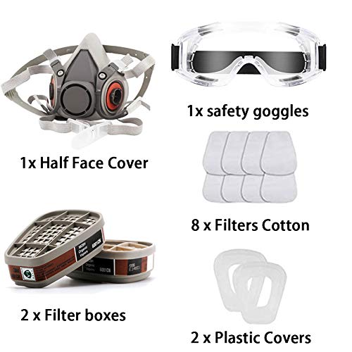 Respirator Mask Reusable Half Face Cover Gas Mask with Safety Glas...