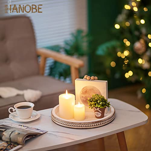 Hanobe Wood Decorative Tray Round: White Washed Bead Tray for Coff...