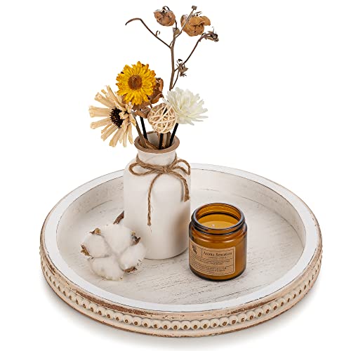 Hanobe Wood Decorative Tray Round: White Washed Bead Tray for Coff...