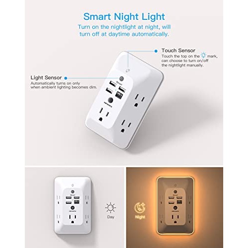 Outlet Extender with Night Light, Multi Plug Outlet, USB Wall Char...