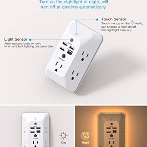 Outlet Extender with Night Light, Multi Plug Outlet, USB Wall Char...