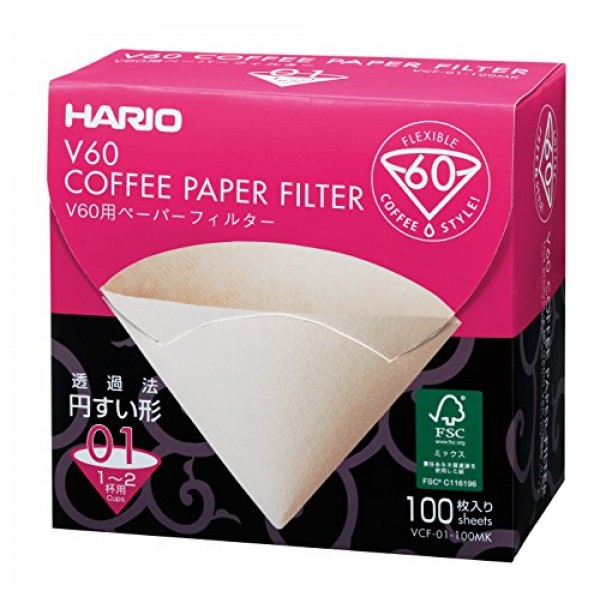 Hario V60 Paper Coffee Filters, Size 01, 100 Count, Natural