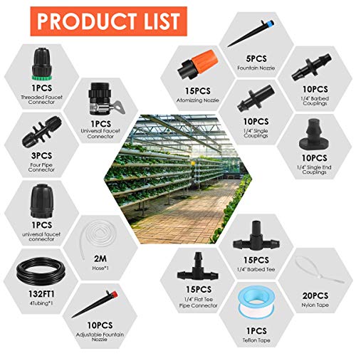Drip Irrigation Kit, 42m/138ft Garden Irrigation System with Adjus...