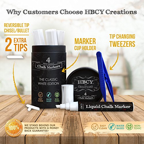 HBCY Creations Liquid Chalk Markers Set - 4 White Non-Toxic Erasab...
