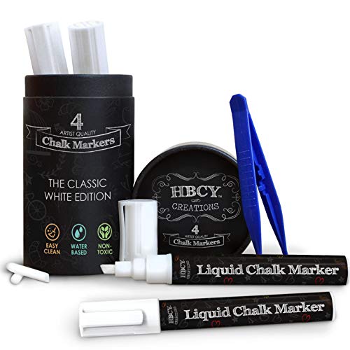 HBCY Creations Liquid Chalk Markers Set - 4 White Non-Toxic Erasab...