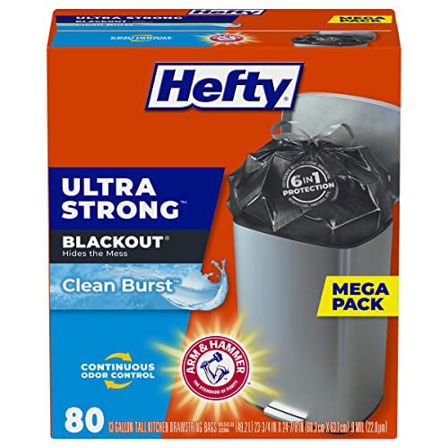 Hefty Ultra Strong Tall Kitchen Trash Bags, Blackout, Clean Burst,...