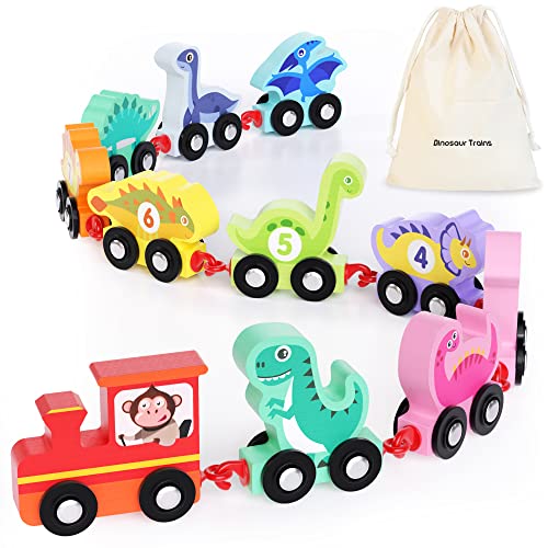 HELLOWOOD Wooden Dinosaur Train Set with Numbers,11 Pieces Train C...