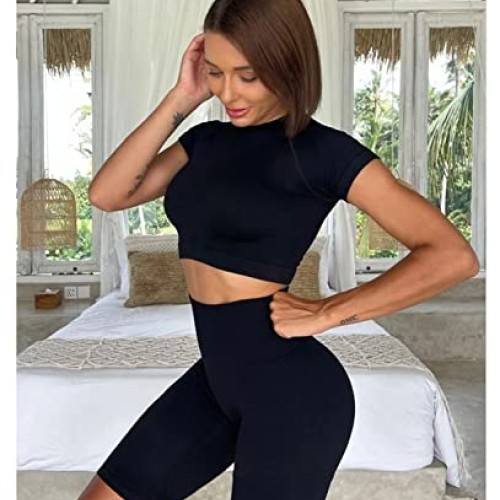 Womens Workout Shorts - High Waist Biker Shorts for Women Ribbed ...