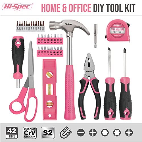 Hi-Spec 42pc Pink Household DIY Tool Set for Women. Home, Office a...