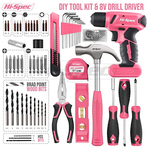 Hi-Spec 58pc Pink 8V USB Electric Drill Driver & Household Tool Ki...