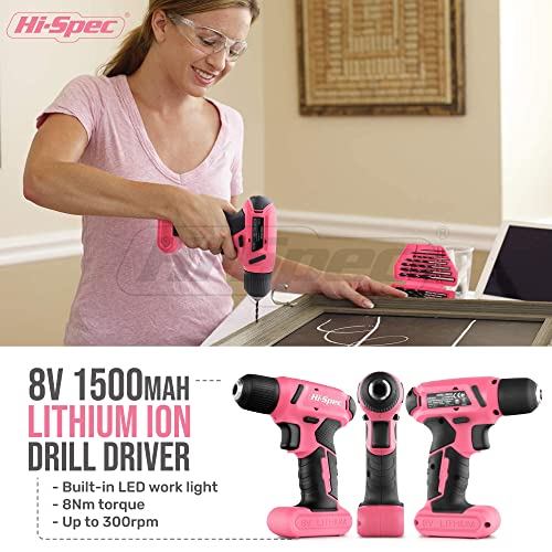 Hi-Spec 58pc Pink 8V USB Electric Drill Driver & Household Tool Ki...