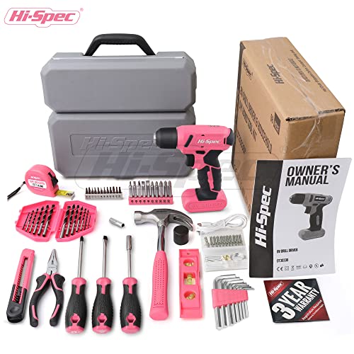 Hi-Spec 58pc Pink 8V USB Electric Drill Driver & Household Tool Ki...
