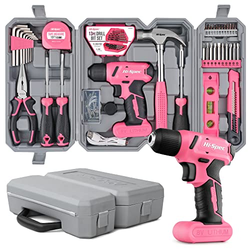 Hi-Spec 58pc Pink 8V USB Electric Drill Driver & Household Tool Ki...
