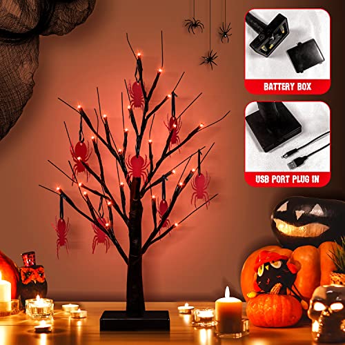 Black Halloween Tree Light 24 LED Purple Lights,8 Spiders Ornament...