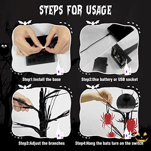 Black Halloween Tree Light 24 LED Purple Lights,8 Spiders Ornament...