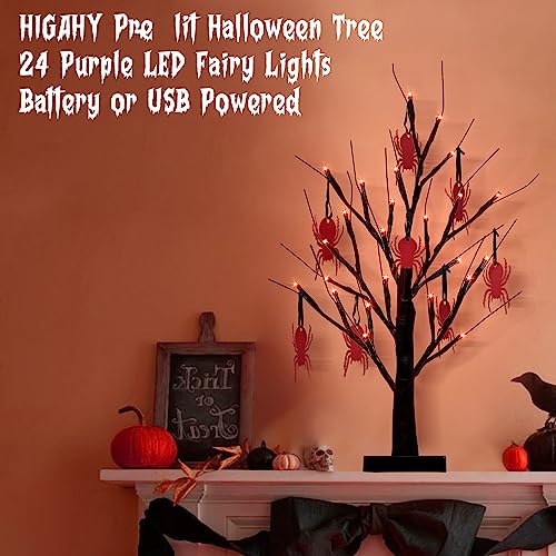 Black Halloween Tree Light 24 LED Purple Lights,8 Spiders Ornament...