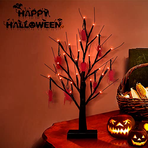 Black Halloween Tree Light 24 LED Purple Lights,8 Spiders Ornament...