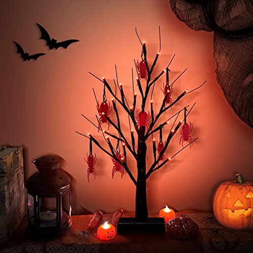 Black Halloween Tree Light 24 LED Purple Lights,8 Spiders Ornament...