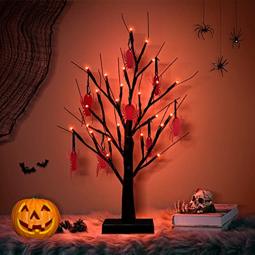 Black Halloween Tree Light 24 LED Purple Lights,8 Spiders Ornament...