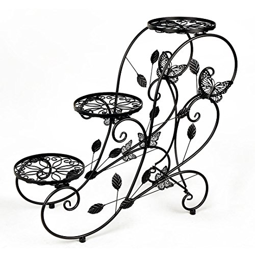 HLC Classic Plant Stand Shelf Holds 3-Flower Pot Black