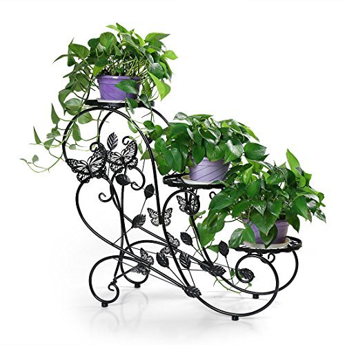 HLC Classic Plant Stand Shelf Holds 3-Flower Pot Black