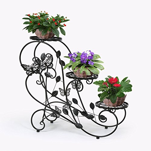 HLC Classic Plant Stand Shelf Holds 3-Flower Pot Black