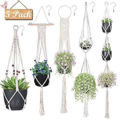 Macrame Plant Hangers, Hanging Planters Set of 5 with 5 Hooks, Han...